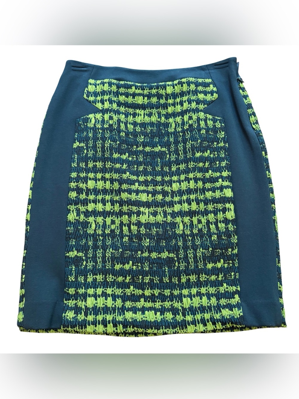 W by Worth Tweed Pencil Skirt Lime Green Teal Blue Knit Tailored Panels Office